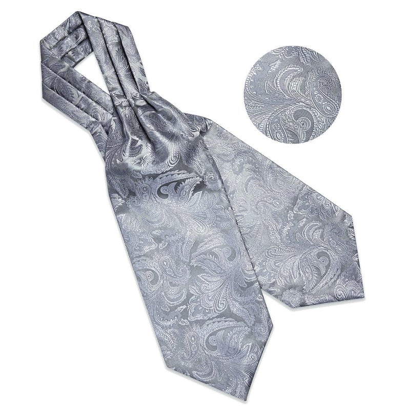 DiBanGu Men's Cravat Tie Grey Paisley Ascot Necktie and Pocket Square Cufflinks Tie Ring Set Wedding - Image 5